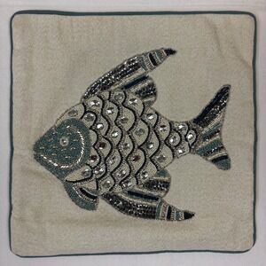 Pier One Beaded Fish Pillow Sham Square 14x14 Blue Cream Sparkly Sequin Beach